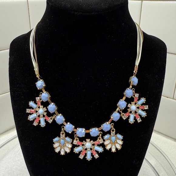 Jewelry - Rhinestone and Blue Acrylic Bead Necklace with Ribbon